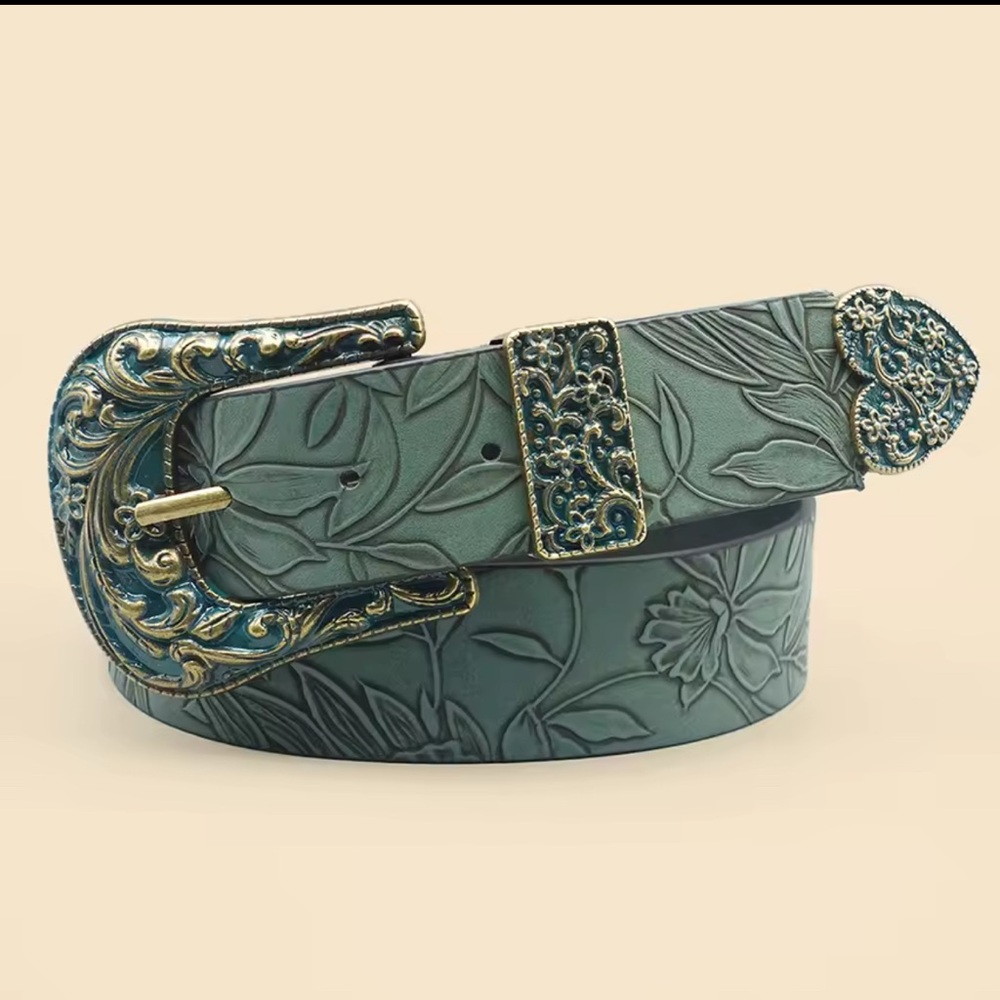 Floral Embossed Green Belt with Silver Accents